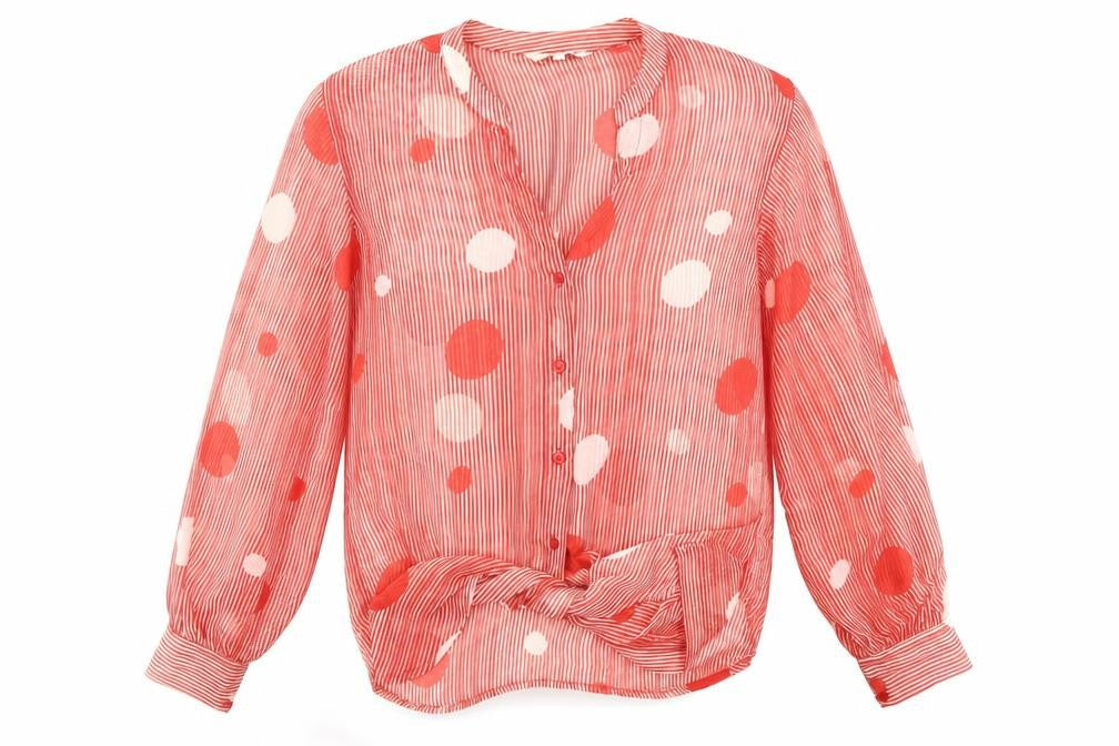 Front view of Next Women's Red Polka Dot V-Neck Blouse, size 12