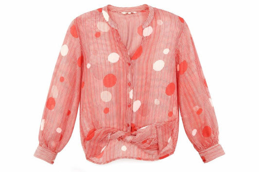 Front view of Next Women's Red Polka Dot V-Neck Blouse, size 12