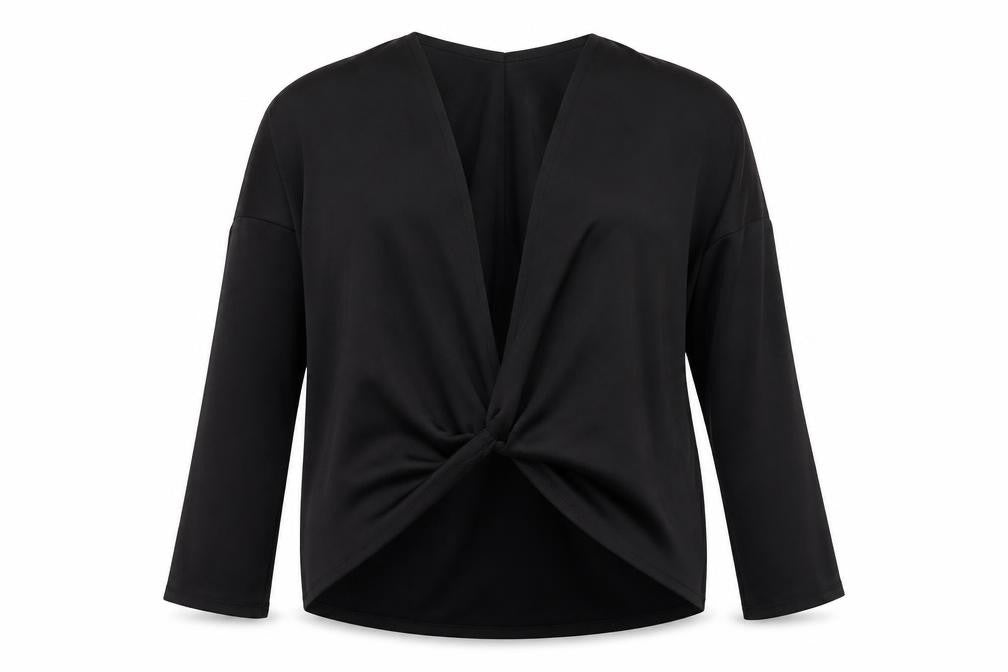 Front view of Kenneth Cole Women's Black Silk Blend Wrap Top, size S