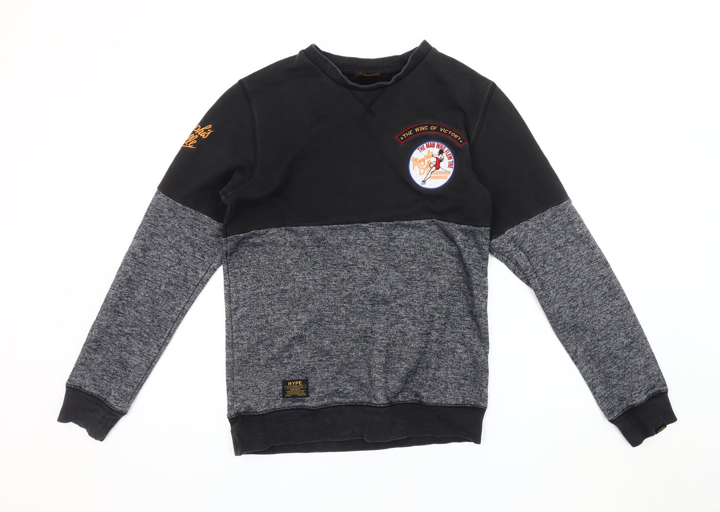 Hype Men's Black Grey Sweatshirt, Size 2, Embroidered Logo
