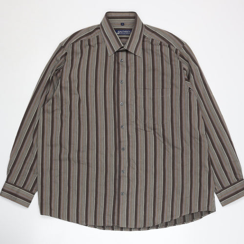 Authentic Men's Brown Striped Long Sleeve Shirt L