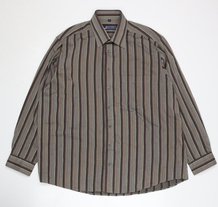 Authentic Men's Brown Striped Long Sleeve Shirt L