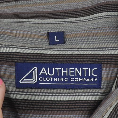 Authentic Men's Brown Striped Long Sleeve Shirt L