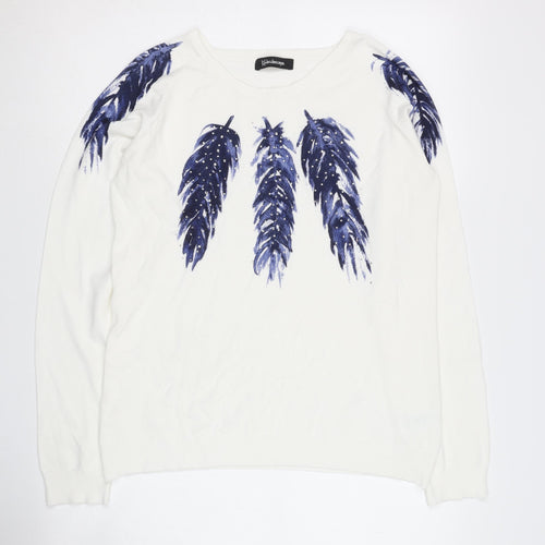 Kaleidoscope Women's White Navy Feather Jumper UK 14