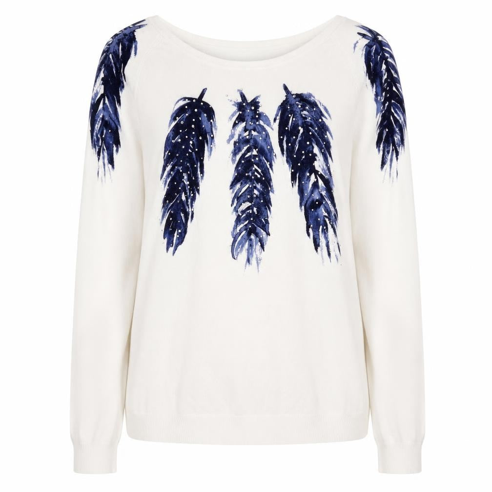 Front view of Kaleidoscope Women's White Navy Feather Jumper UK 14