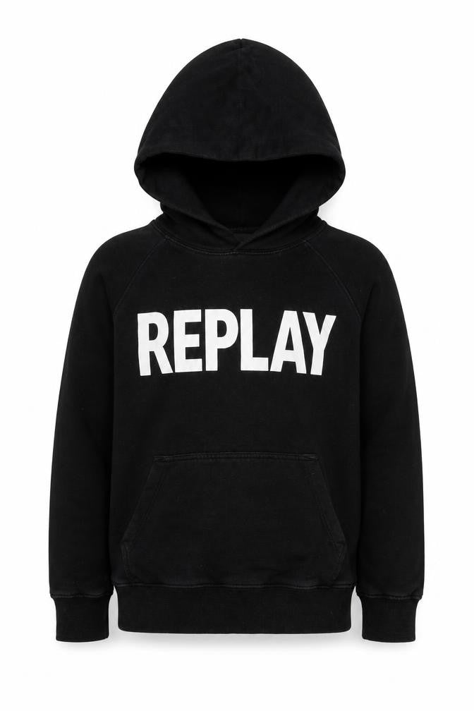Front view of Replay boys’ black hoodie, size 10, cotton pullover