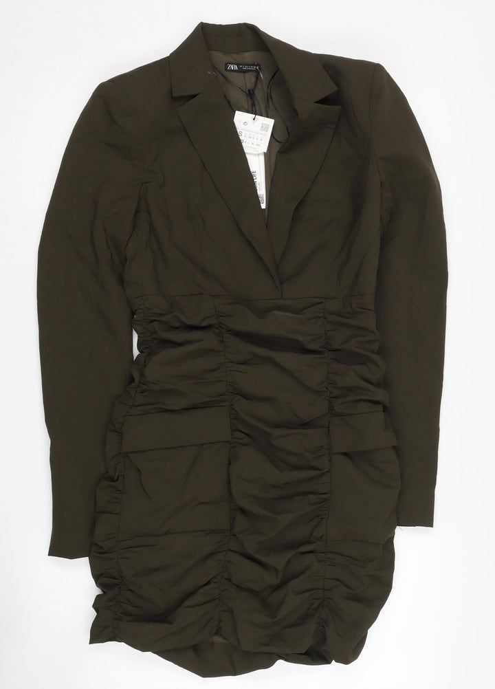 Zara Women's Green Ruched Dress Size S, Long Sleeve