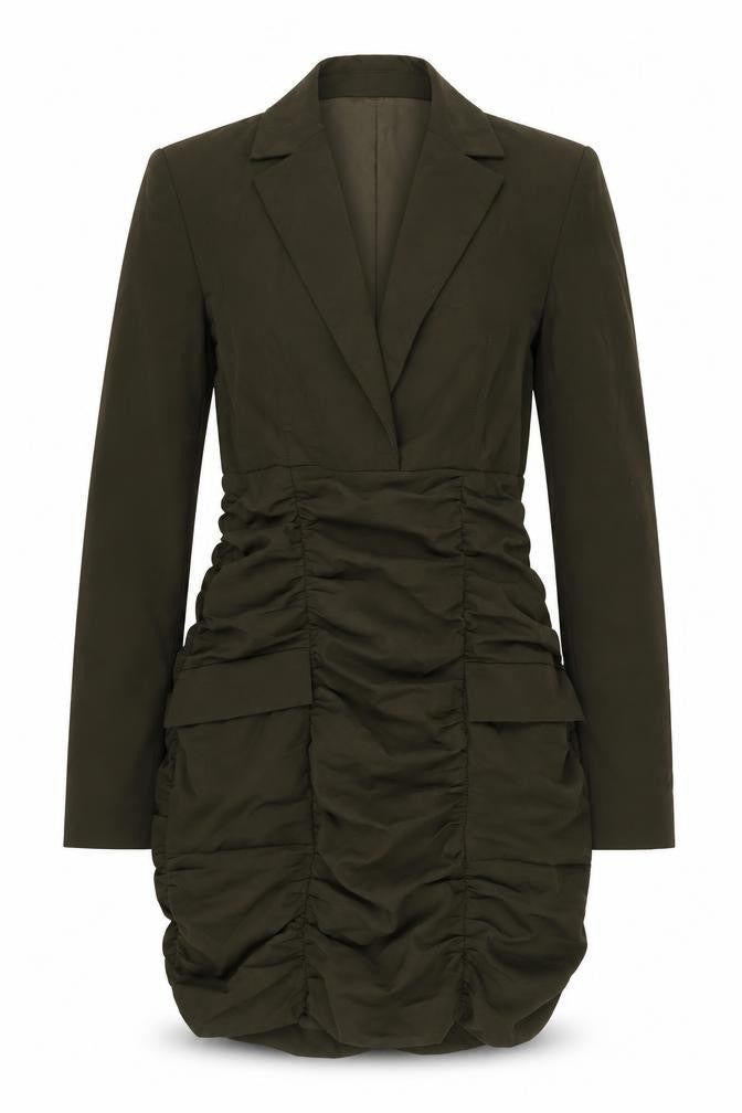Front view of Zara Women's Green Ruched Dress, size S, Long Sleeve