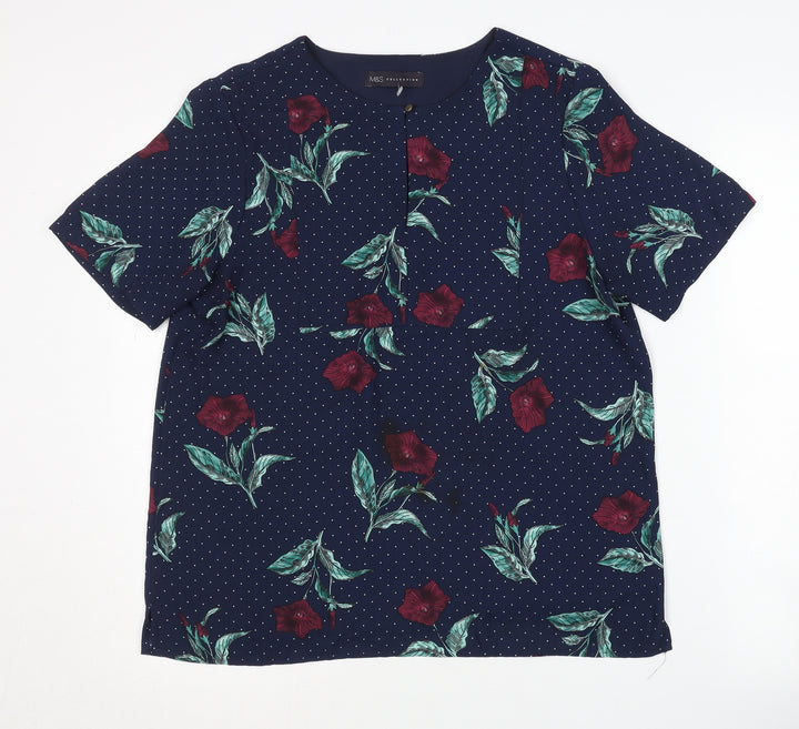 Marks and Spencer Women's Blue Floral Short Sleeve Top