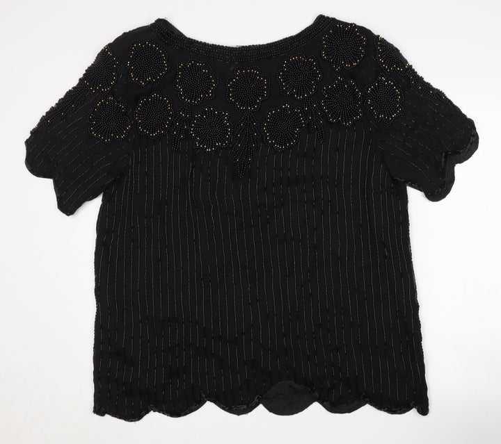 RIBBEL Women's Black Beaded Silk Blouse XL