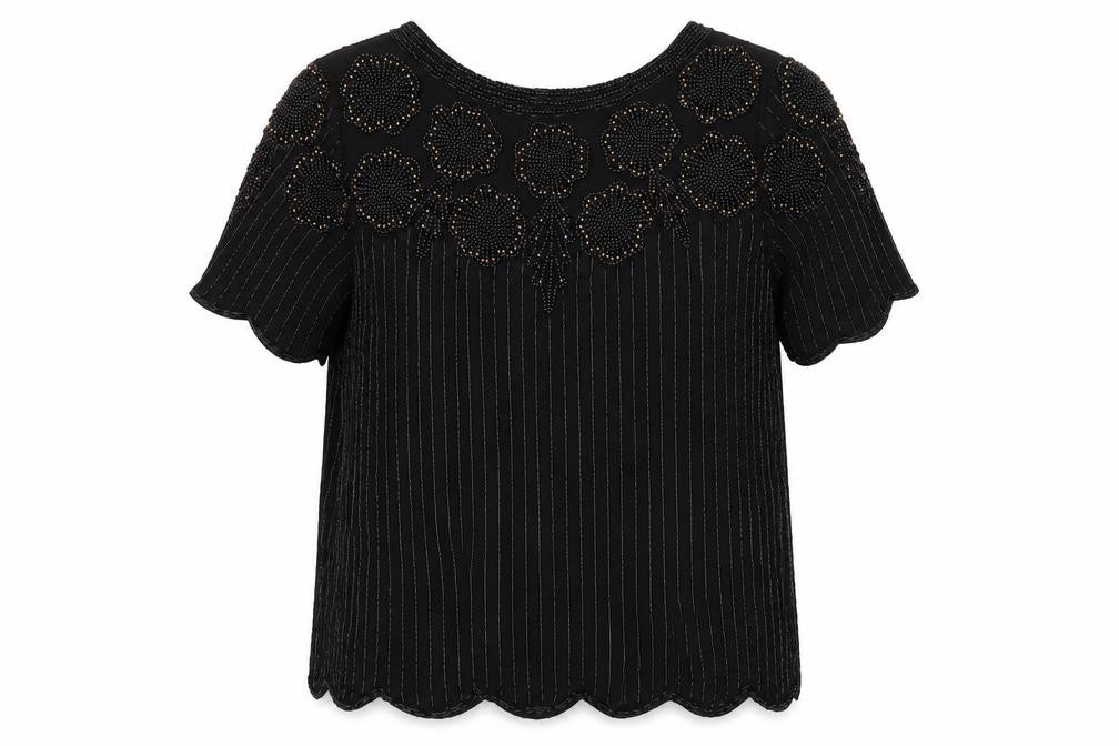Front view of RIBBEL Women's Black Beaded Silk Blouse XL