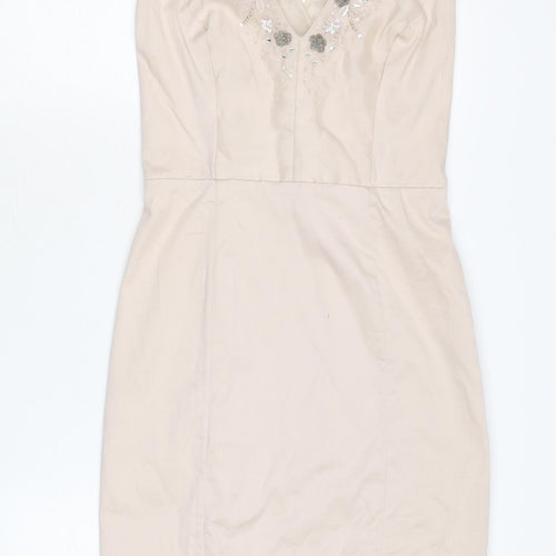 French Connection Beige Sheath Dress, Size 6, Embroidered