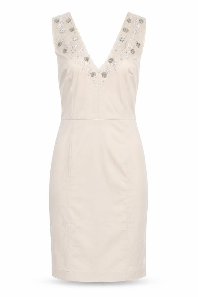 Front view of French Connection Beige Sheath Dress, size 6, Embroidered