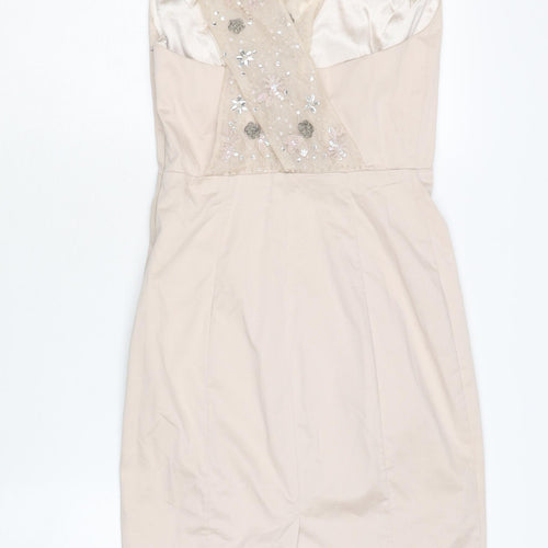 French Connection Beige Sheath Dress, Size 6, Embroidered