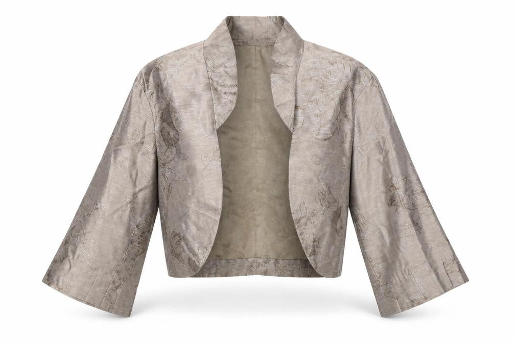 Front view of fee G Women's Beige Floral Shrug, size 10