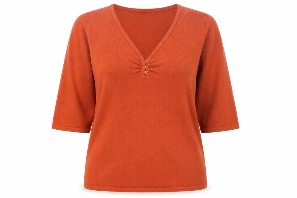 Front view of BHS Women's Orange V-Neck jumper, size 14, Petite