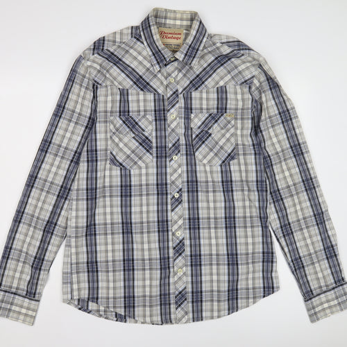 Premium Vintage Men's Blue Plaid Long Sleeve Shirt L