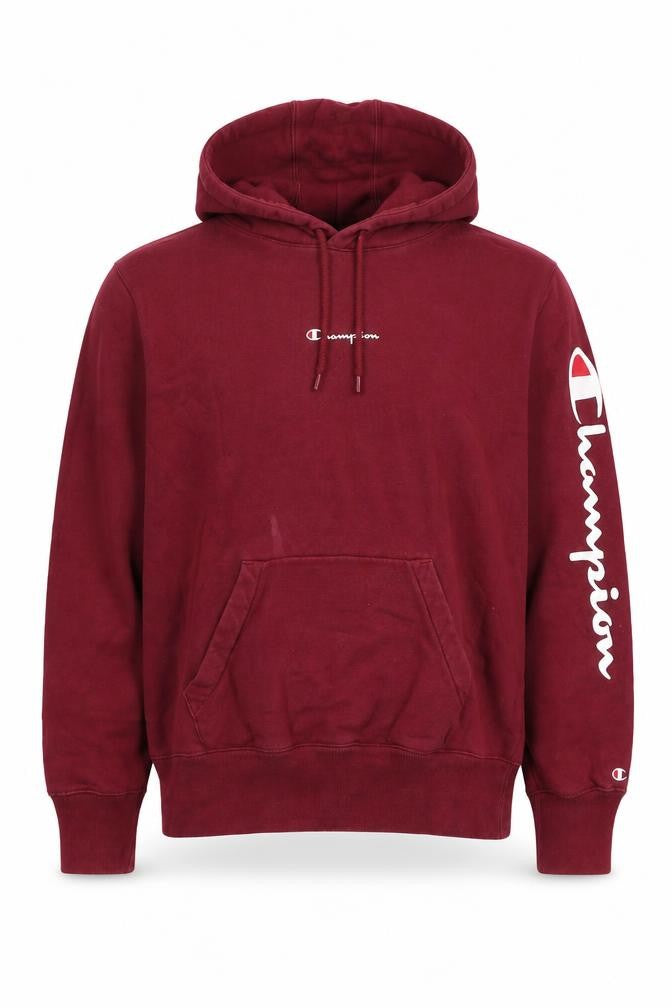 Front view of Champion Men's Red Pullover Hoodie, M, Logo Detail