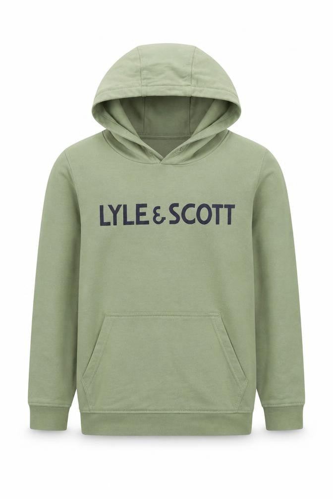 Front view of Lyle & Scott boys’ green pullover hoodie, size 11, years