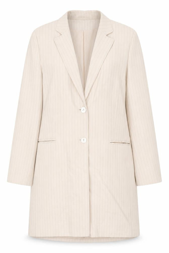 Front view of Klass Women Beige Pinstripe Suit Jacket, size 14, Regular Fit