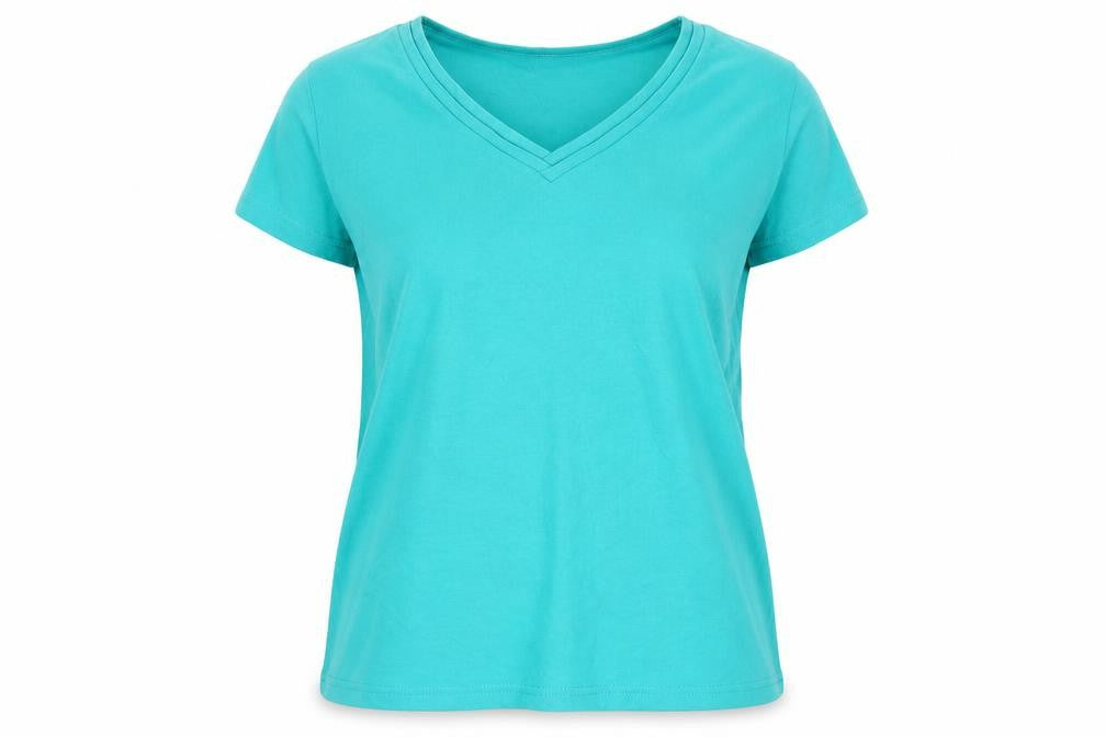 Front view of Isle Essentials Women's Blue V-Neck T-Shirt, size 10-12