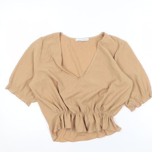 Pull&Bear Women's Beige V-Neck Blouse, Puff 3/4 Sleeves, Size M