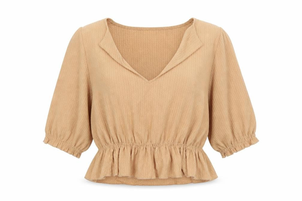 Front view of Pull&Bear Women's Beige V-Neck Blouse, Puff 3/4 Sleeves, size M