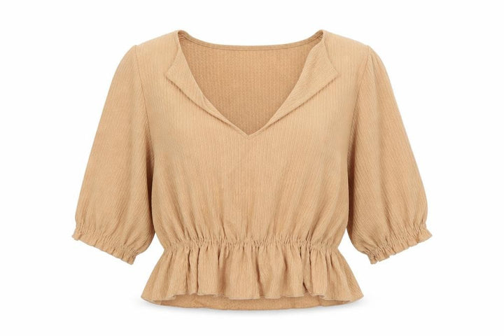 Pull&Bear Women's Beige V-Neck Blouse, Puff 3/4 Sleeves, Size M