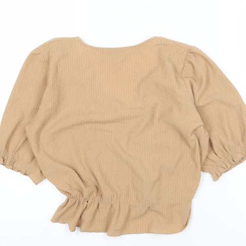 Pull&Bear Women's Beige V-Neck Blouse, Puff 3/4 Sleeves, Size M
