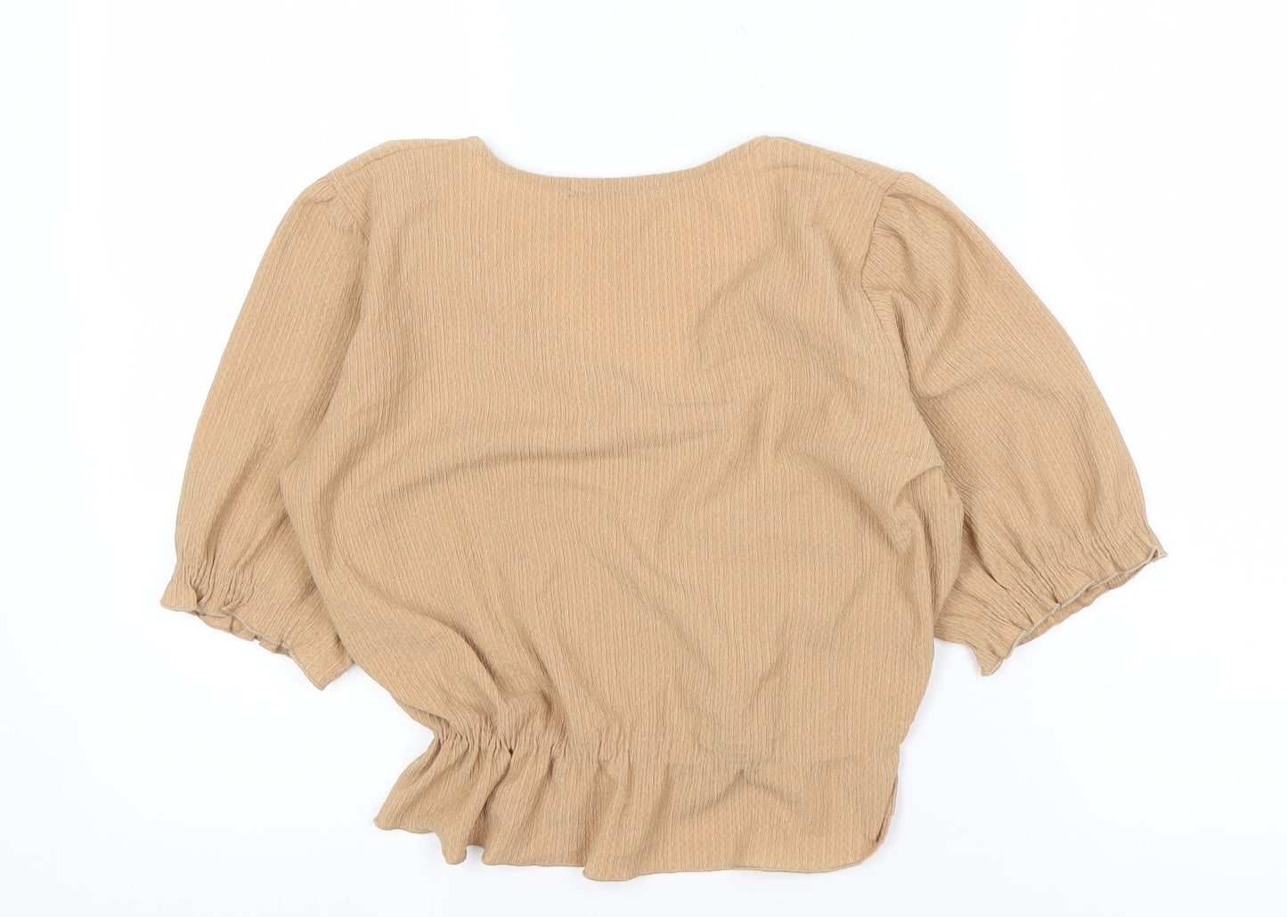Pull&Bear Women's Beige V-Neck Blouse, Puff 3/4 Sleeves, Size M