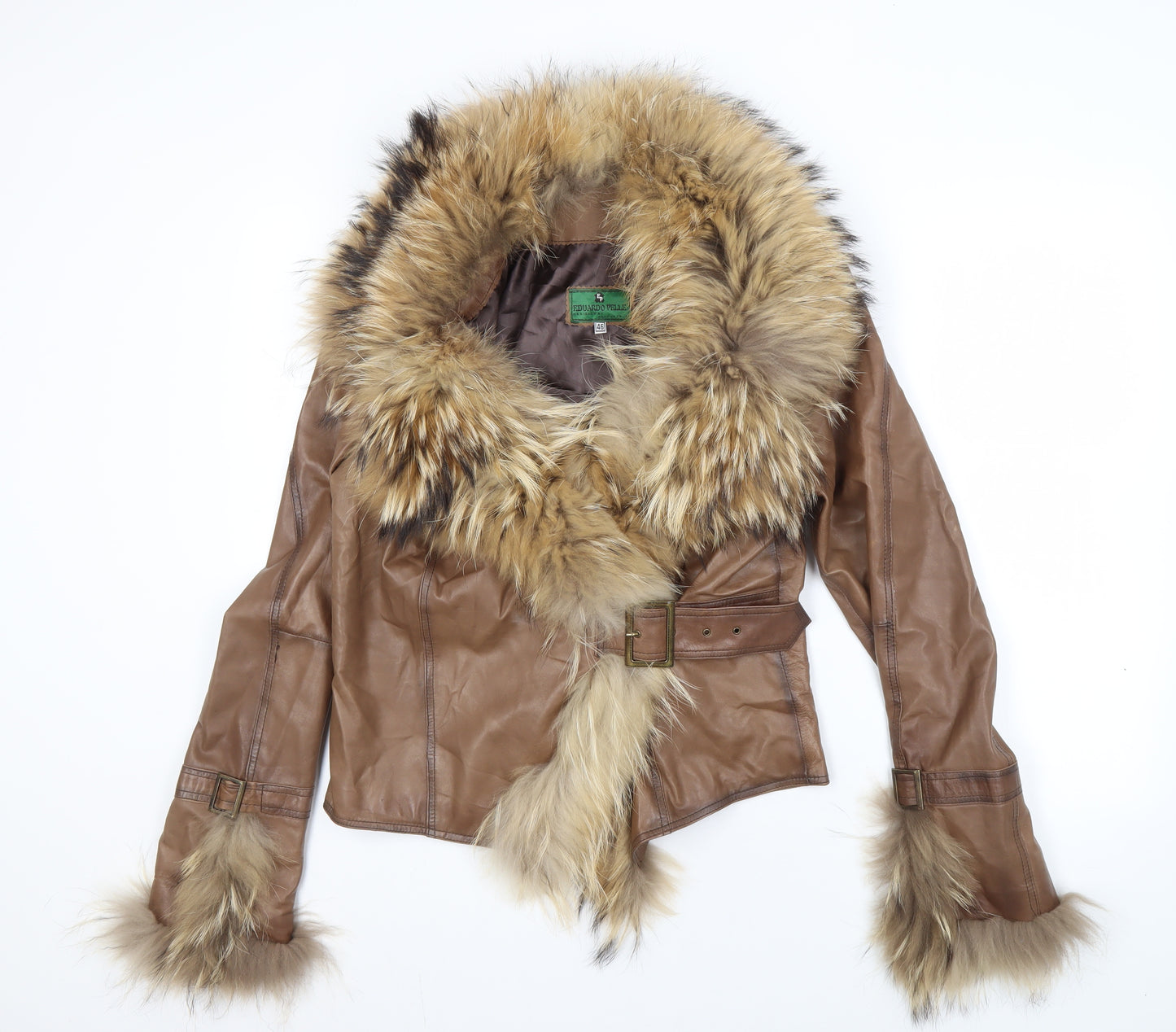Eduardo Pelle Women's Brown Fur Trim Biker Jacket Size 18
