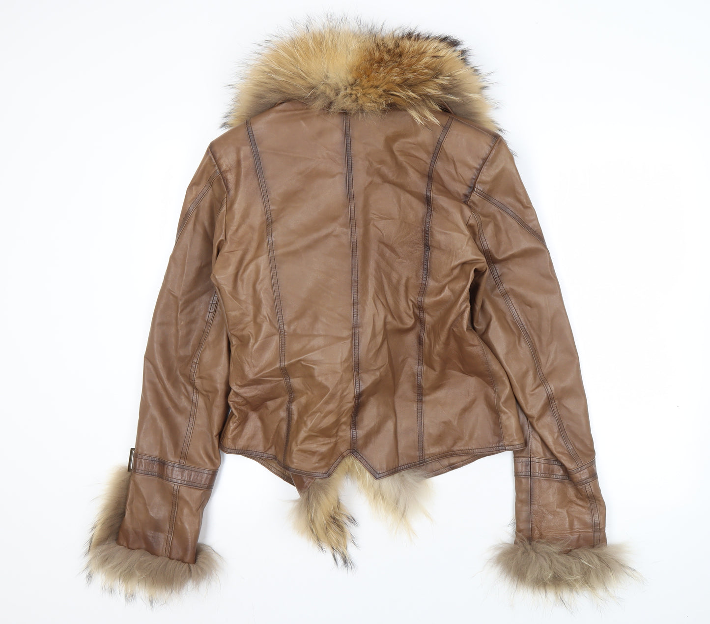 Eduardo Pelle Women's Brown Fur Trim Biker Jacket Size 18