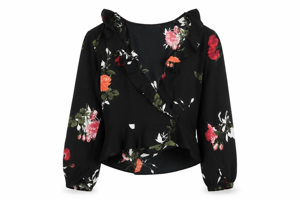 Front view of Miss Selfridge Women's Black Floral Wrap Blouse, size 14