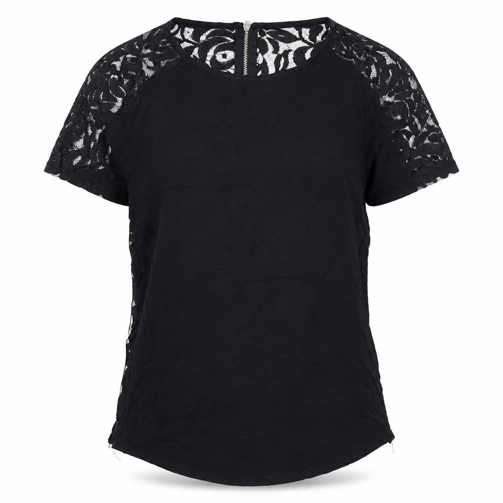 Front view of Warehouse Women's Black Lace Blouse, size 8, Short Sleeve