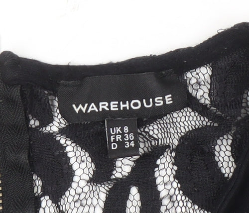 Warehouse Women's Black Lace Blouse, Size 8, Short Sleeve