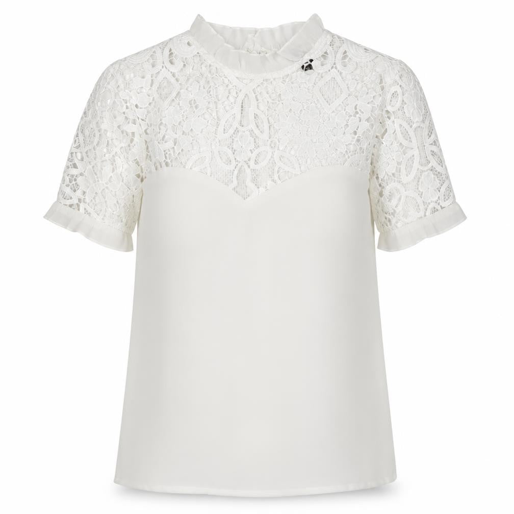 Front view of Lipsy London Women's White Lace Blouse, size 6, Elegant Spring