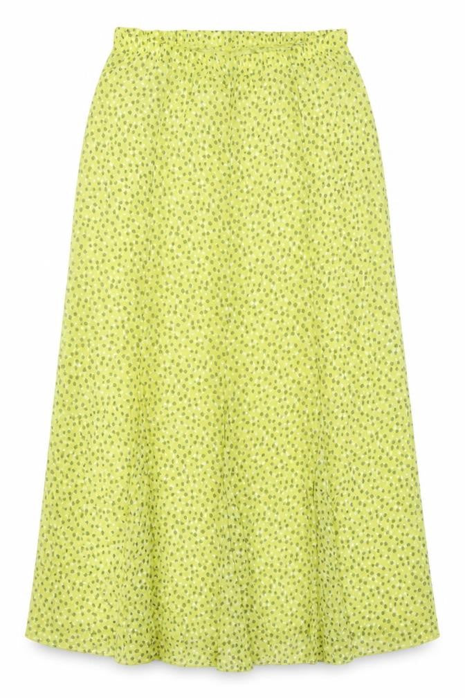Front view of Alexara Women's Green Polka Dot Long Skirt, size 14
