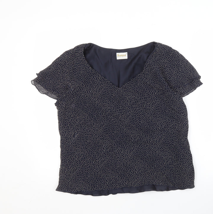 Roman Originals Women's Blue Polka Dot V-Neck Blouse