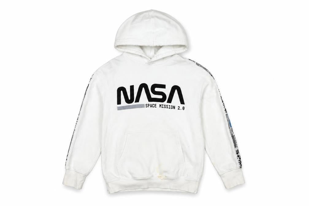 Front view of H&M boys’ white nasa hoodie 9-10 years pullover