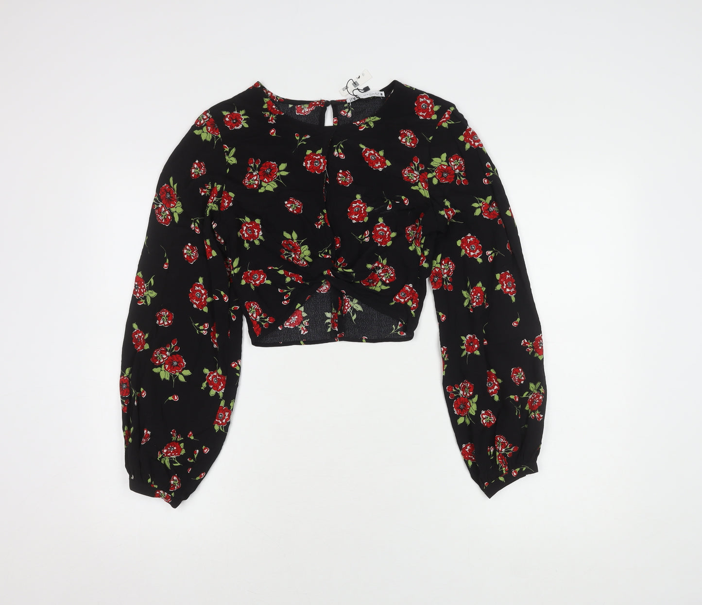 Zara Women's Black Floral Cropped Blouse, XS