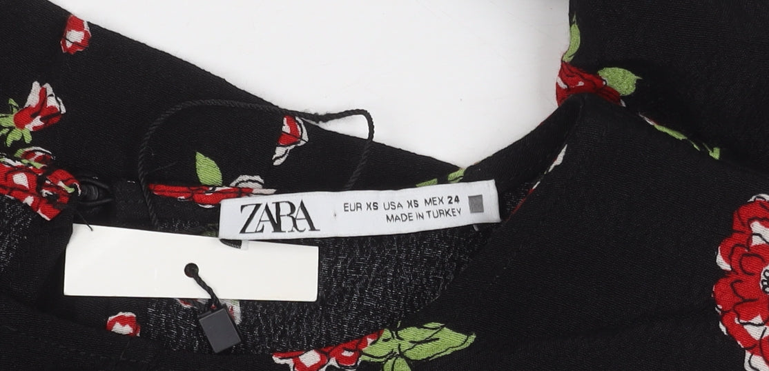 Zara Women's Black Floral Cropped Blouse, XS