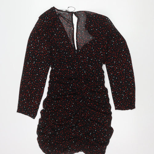 Zara Women's Black with Red and White Hearts Long Sleeve Dress XS