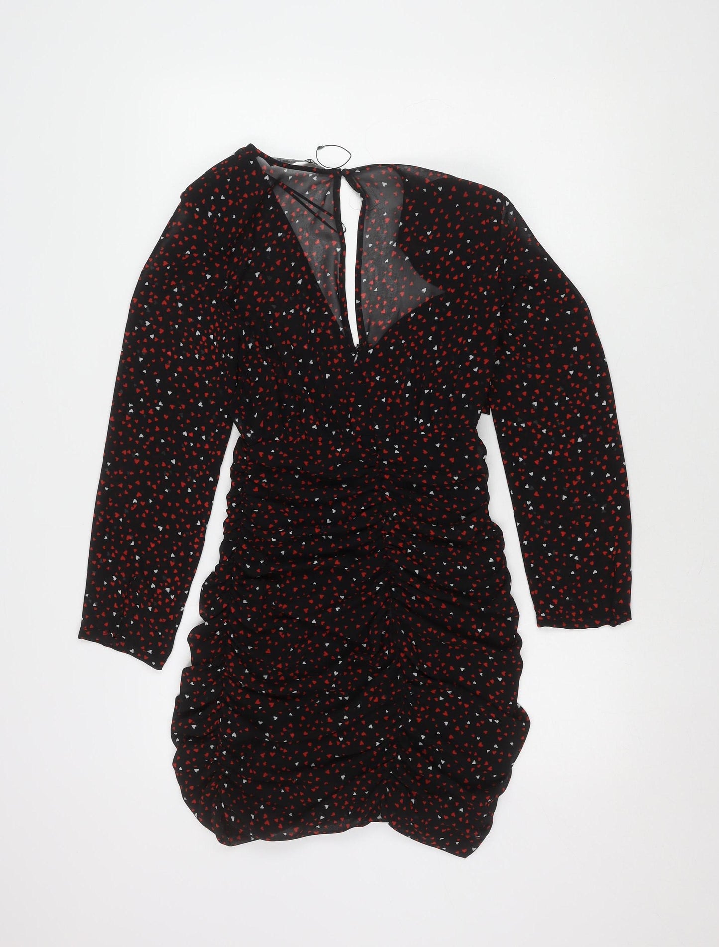 Zara Women's Black with Red and White Hearts Long Sleeve Dress XS