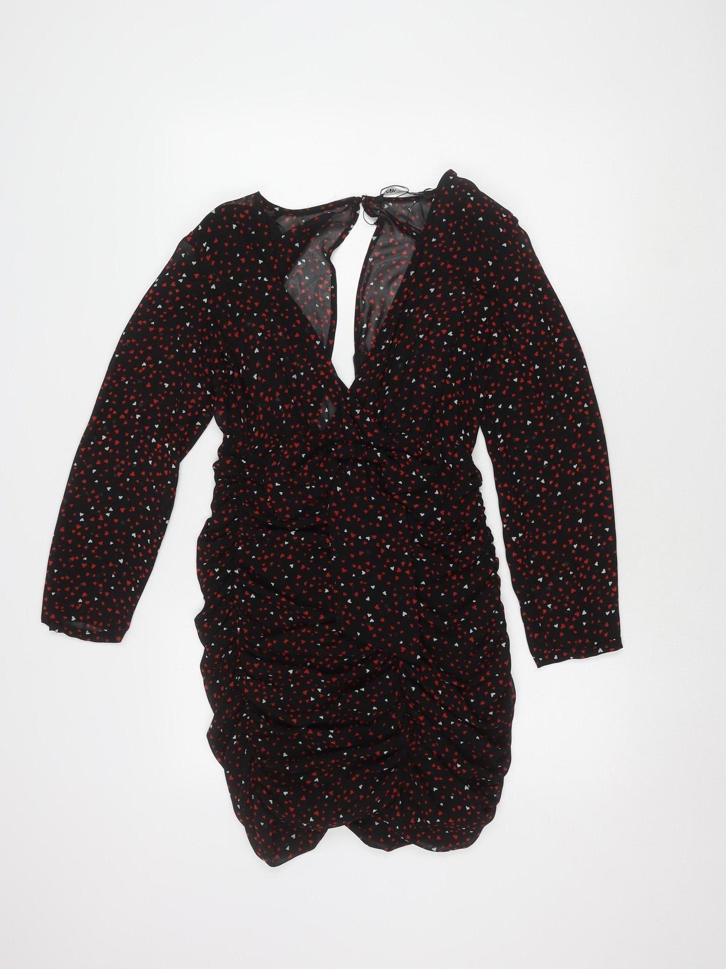 Zara Women's Black with Red and White Hearts Long Sleeve Dress XS