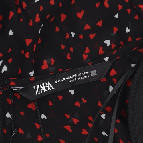 Zara Women's Black with Red and White Hearts Long Sleeve Dress XS
