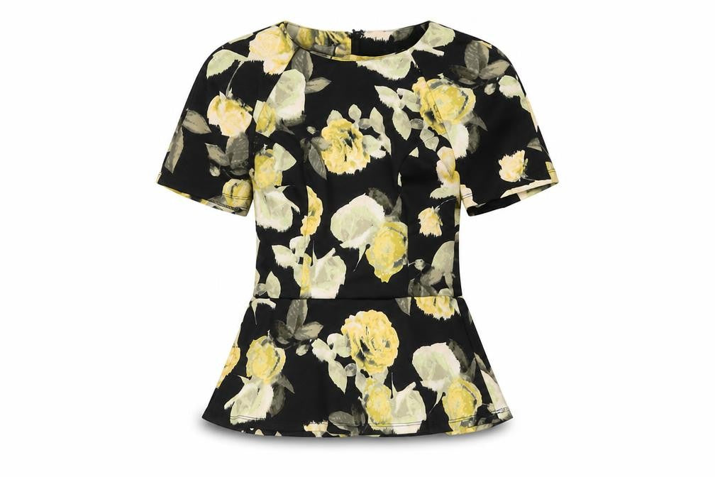 Front view of ASOS Women's Black Floral Top, size 6, Short Sleeve