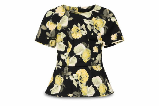 Front view of ASOS Women's Black Floral Top, size 6, Short Sleeve