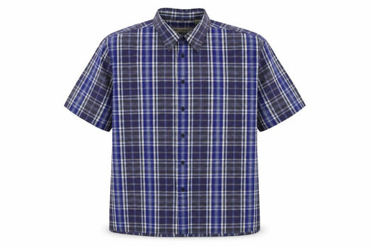 Front view of Peter England Men's Blue Plaid Short Sleeve Shirt L