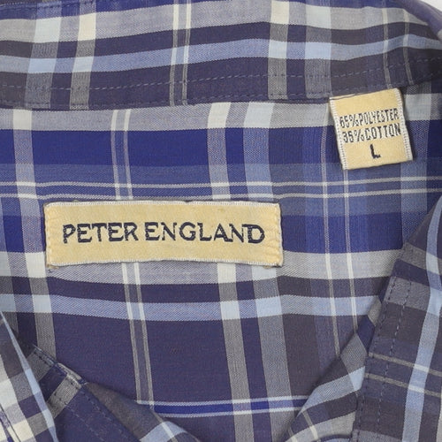 Peter England Men's Blue Plaid Short Sleeve Shirt L