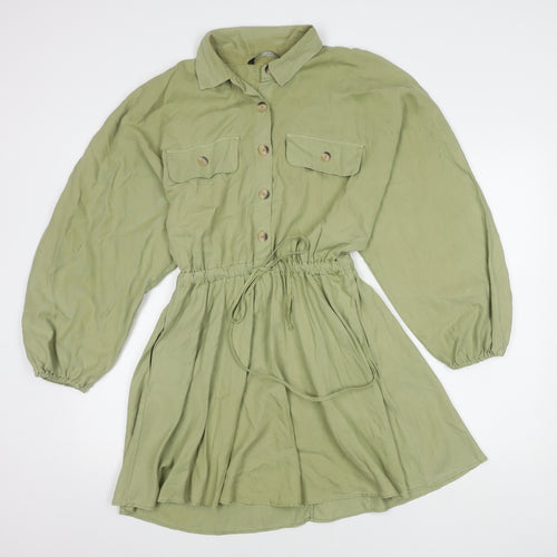 ZARA Green Shirt Dress, S, Women's Long Sleeve Collared